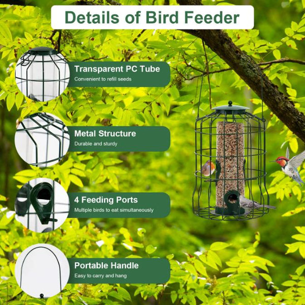 Outdoor Wild Bird Feeder Squirrel-Proof Chew-Proof Metal Hanging Seed 4 Ports Small Birds
