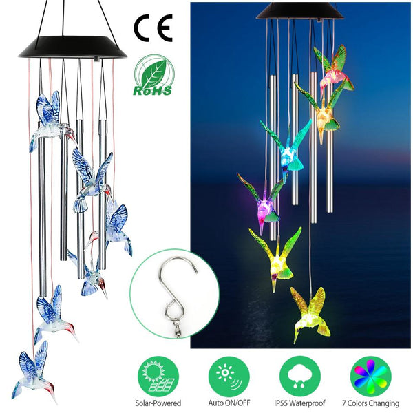 Solar Wind Chime Lights Hummingbird Decorative Lamp 7 Color Changing