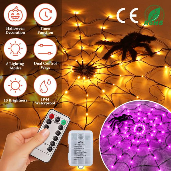 3 FT Spider Web Light Hairy Spider LED Battery Powered Remote Control 8 Lighting Modes