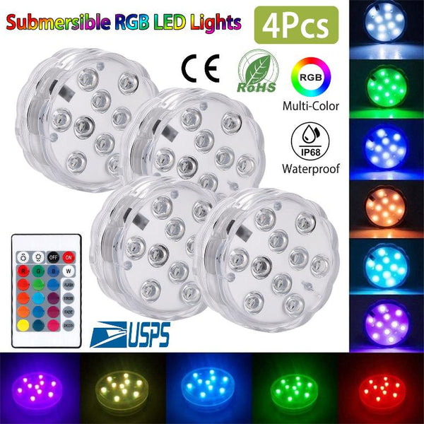 4Pcs Submersible RGB LED Lights Waterproof Underwater Color Changing Remote Control