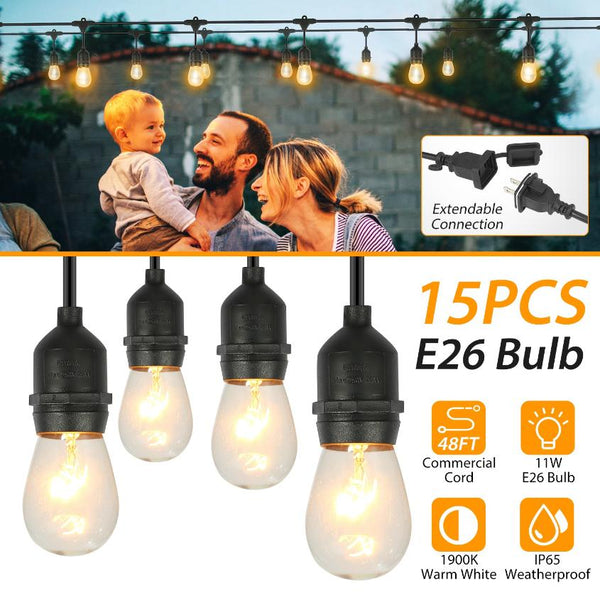 48FT Outdoor String Lights Waterproof Patio Bulbs Commercial Yard Lights Garden Warm