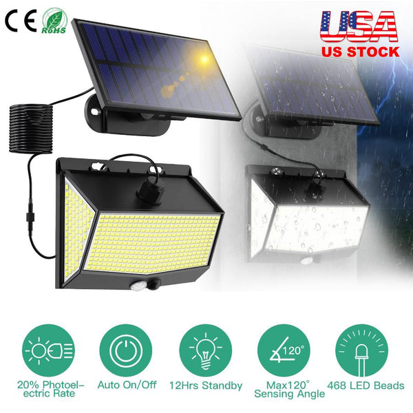 Solar Powered Wall Lights Motion Sensor Outdoor Lamps Separate Solar Panel 468 LED