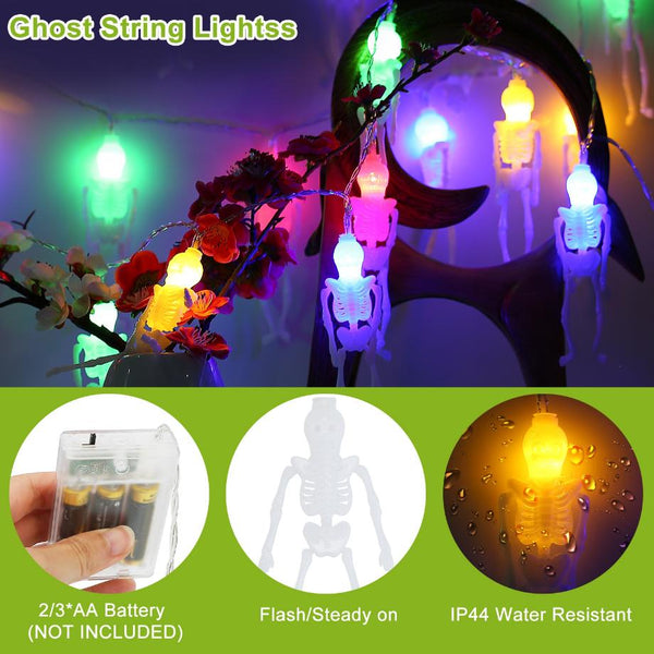 3Pcs String Lights Halloween Light Decorations 24ft Halloween Colorful 3D Skeleton Ghost
