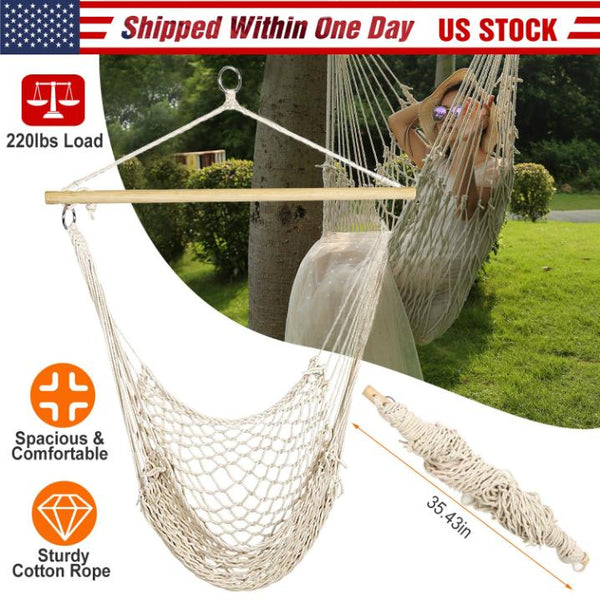 Hammock Chair Hanging Rope Seat Swing w/ Wooden Stick 220lbs Load for Patio Porch