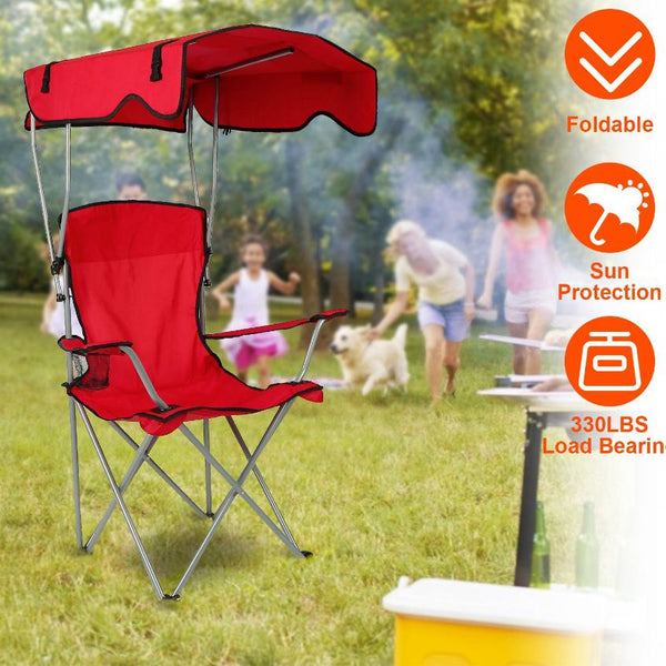 Foldable Beach Canopy Chair Sun Protection Camping Lawn Canopy Chair 330LBS Load Folding Seat w/ Cup Holder For Beach Poolside Travel Picnic