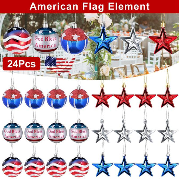 24Pc Set USA Hanging Ball Ornaments Star Patriotic Party Decor Independence Day 4th of July Red White Blue