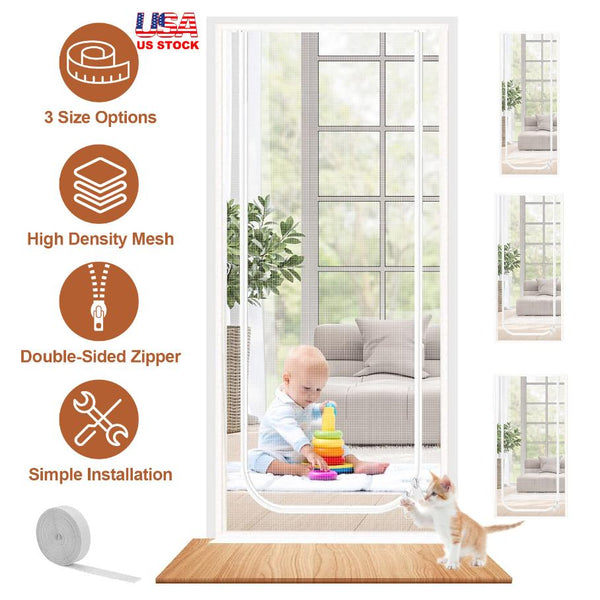 Mesh Door Screen Heavy Duty Pet Proof Scratch-Proof Double Sided Zipper