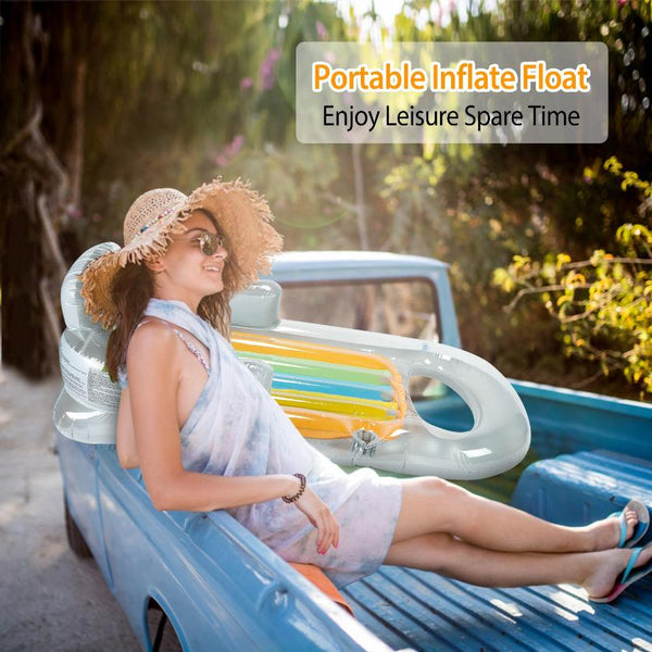 Inflatable Pool Float Raft w/ Headrest Armrest Cupholder Swimming Pool Lounge Air Mat Chair