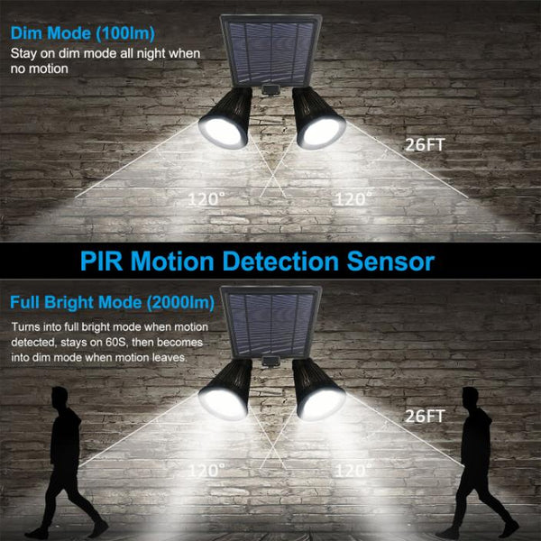 Solar Powered Lights Outdoor Motion Sensor 2000 Lumen Dual Head Spotlights