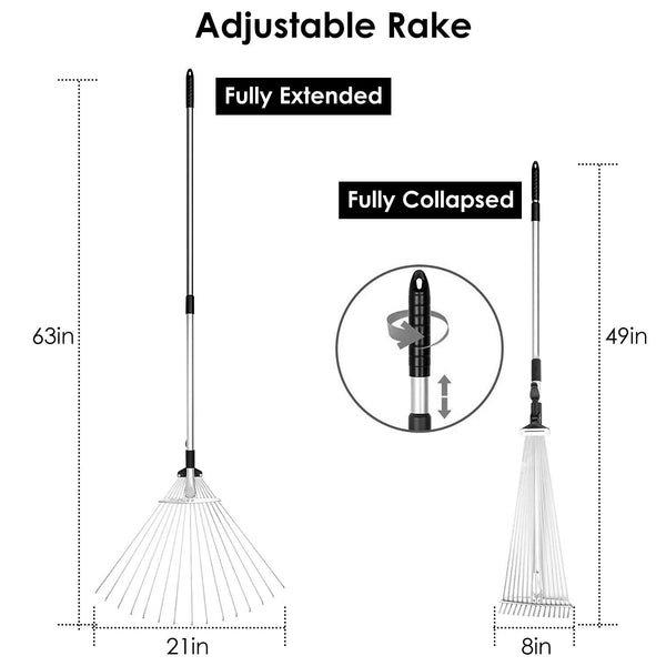 63in Adjustable Garden Leaf Rake 15 Teeth Expanding Stainless Steel Rake For Quick Clean Lawn Yard Garden w/ 7-21inch Teeth Width Folding Head