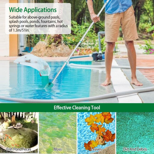 Swimming Pool Vacuum Head Brush Cleaner Telescopic Pole Fountain Cleaning Tool w/ Bag