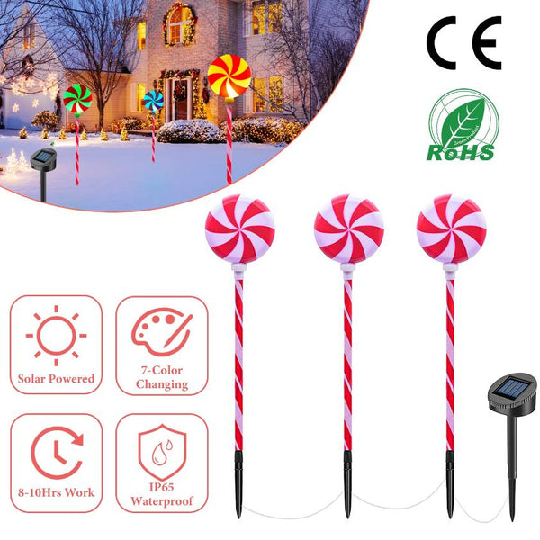 Christmas Candy Lollipops Light Set of 3 Waterproof Stake Solar Lamp for Yard Garden Pathway