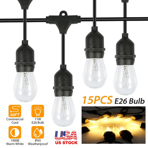 48FT Outdoor String Lights Waterproof Patio Bulbs Commercial Yard Lights Garden Warm