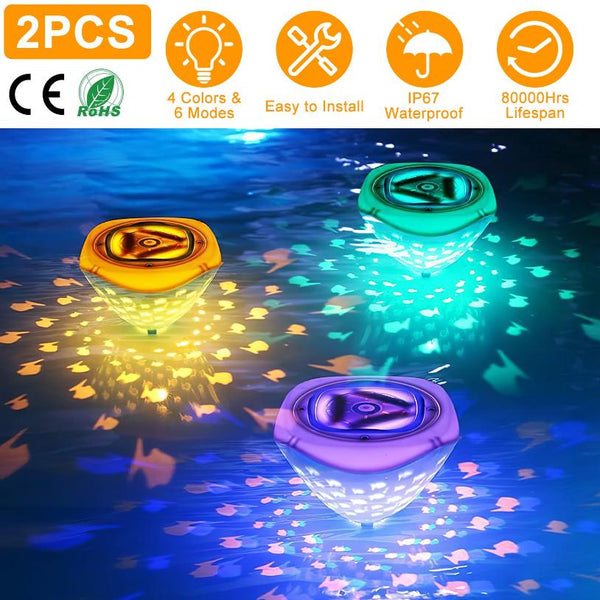 2Pcs Underwater Floating LED Light Colorful Fish Pattern 6 Lighting Modes Pool Lamp IP67 Waterproof Decorative Battery Powered Lights 80000Hrs Lifespan