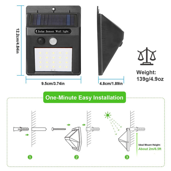 Solar Light 20 LEDs Outdoor Motion Sensor Lights Waterproof Wide Angle Garage Door