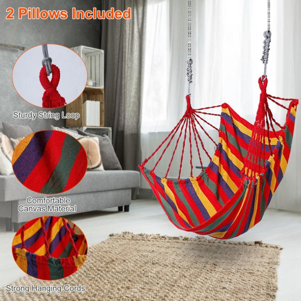 Hammock Hanging Chair Canvas Porch Patio Swing Seat Portable Camping Rope Seat w/ 2Pillows440LBS Limit