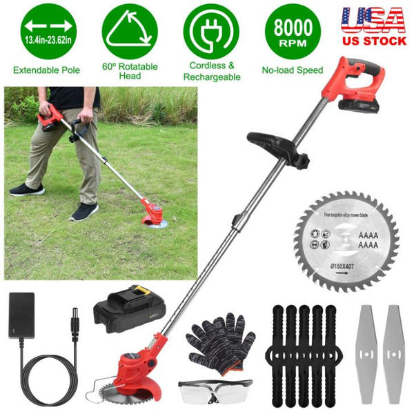 Electric Cordless Grass Trimmer Rechargeable Lawn Mower Weed Cutter with Alloy Saw Blade 2 Alloy Blades 5 Plastic Blades 2 Rechargeable Batteries Gogg