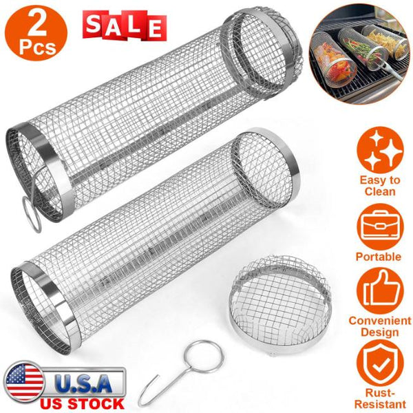 2 Pack BBQ Grill Mesh Rolling Baskets Cylinder Stainless Steel Barbecue Net Tube
