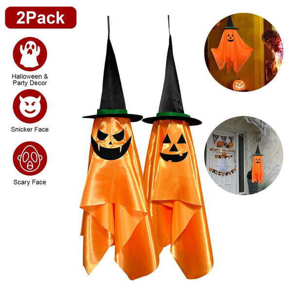 Hanging Ghosts Wizard Hat Tree Porch Scary Face Halloween Decorations Orange Pumpkin