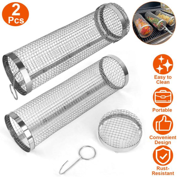 2 Pack BBQ Grill Mesh Rolling Baskets Cylinder Stainless Steel Barbecue Net Tube