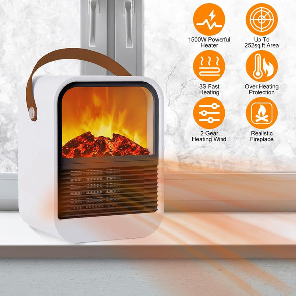 1500W Portable Electric Fireplace Heater 2 Gear Temperature Space Heater Realistic Burning Flame