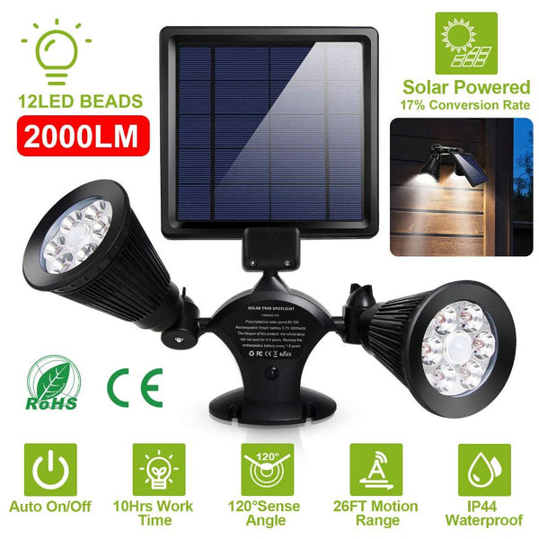 Solar Powered Lights Outdoor Motion Sensor 2000 Lumen Dual Head Spotlights