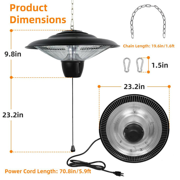 1500W Outdoor Hanging Patio Heater Ultra-Quiet Electric Heating Lamp Ceiling Mounted