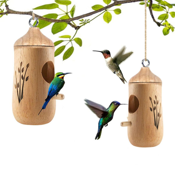 2 Pack Wooden Hanging Humming Bird Houses for Outside Bird Nest Feeder Patio Garden