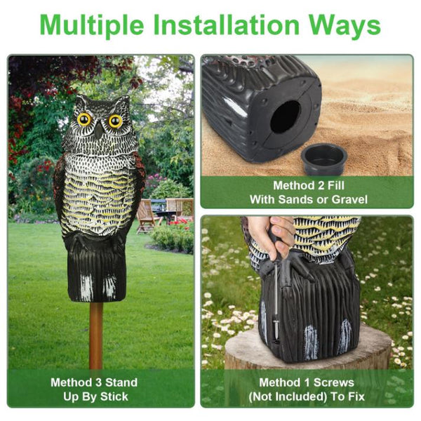 Lifelike Owl Decoy with 360 Degree Rotatable Head Scare Bird Squirrel Away Pest Repellent Bird Deterrent Outdoor Garden Yard Protector