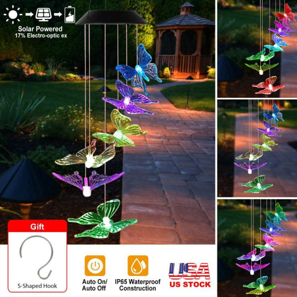 Solar LED Butterfly Wind Chimes Color Changing String Light Patio Garden Decor