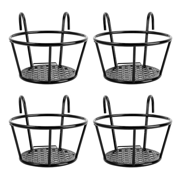 4Pcs Round Hanging Railing Planters Wrought Iron Flower Pot Holder Over The Rail Fence Plant Stand Basket 27LBS Load for Patio Balcony Porch Fence