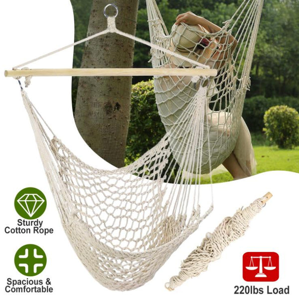 Hammock Chair Hanging Rope Seat Swing w/ Wooden Stick 220lbs Load for Patio Porch