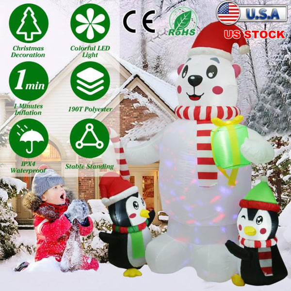 5.9FT Christmas Inflatable Outdoor Decoration Polar Bear Penguin Yard Blow Up Built-in Air Blower