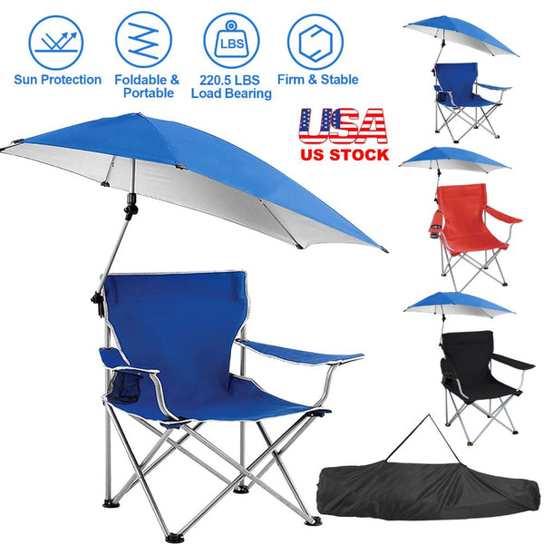 Foldable Beach Chair with Detachable Umbrella Armrest Adjustable Canopy Stool with Cup Holder Carry Bag for Camping Poolside Travel Picnic Lawn Chair
