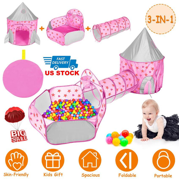 3 In 1 Child Crawl Tunnel Tent Kids Play Ball Pit Set Foldable Play House Pop-up
