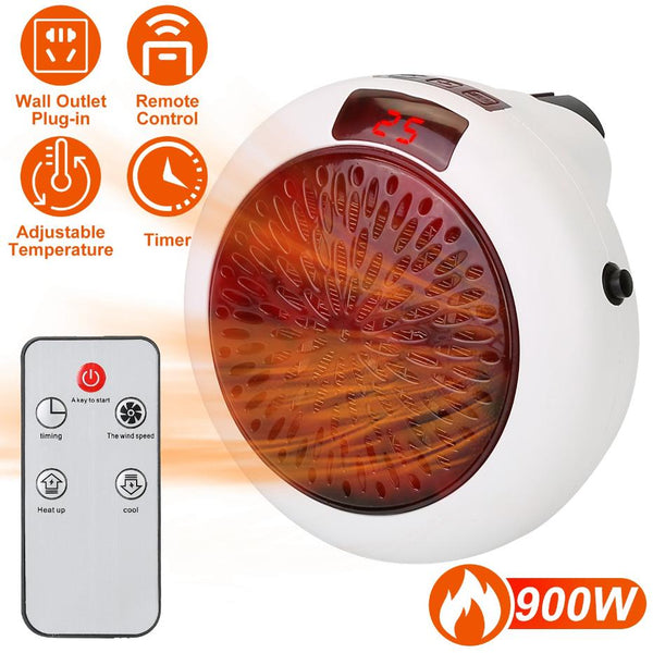 900W Portable Heater Fan Wall Outlet Space Heater Plug-in Adjustable Temp Auto Shut-Off