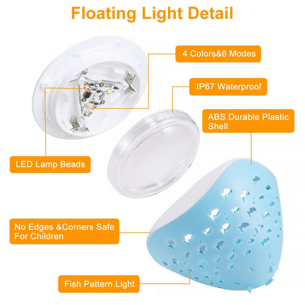 2Pcs Underwater Floating LED Light Colorful Fish Pattern 6 Lighting Modes Pool Lamp IP67 Waterproof Decorative Battery Powered Lights 80000Hrs Lifespan