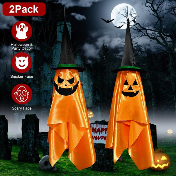 Hanging Ghosts Wizard Hat Tree Porch Scary Face Halloween Decorations Orange Pumpkin