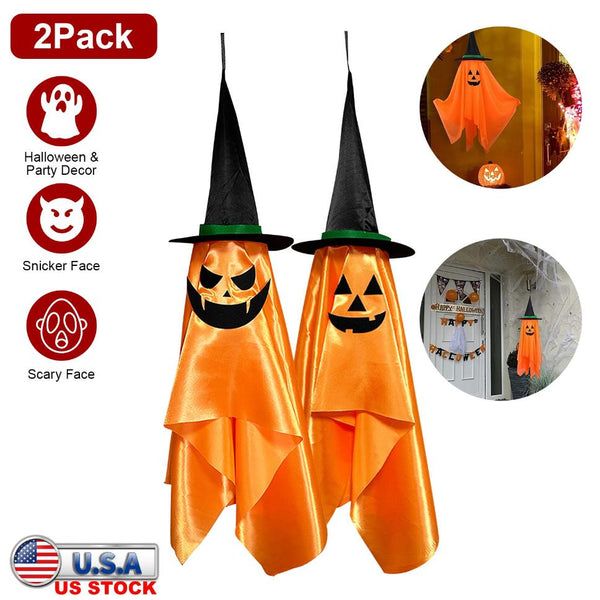 Hanging Ghosts Wizard Hat Tree Porch Scary Face Halloween Decorations Orange Pumpkin