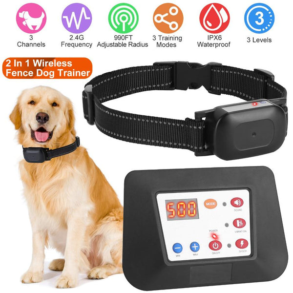 Dog Training Collar Wireless Fence Pet Beep Vibration Electric Shock Fence System 990FT Radius