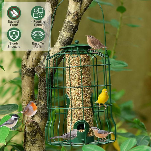 Outdoor Wild Bird Feeder Squirrel-Proof Chew-Proof Metal Hanging Seed 4 Ports Small Birds