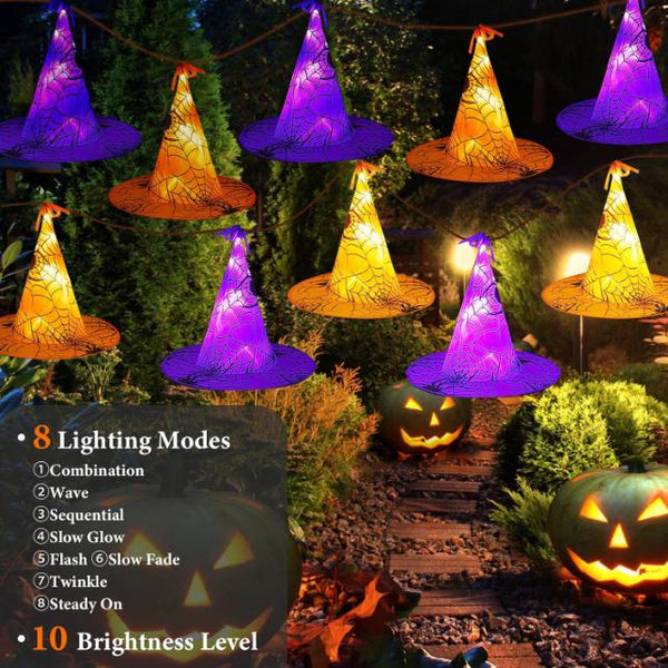 8 Pack Witch Hat Hanging String LED Light Glowing Halloween Decoration 8 Lighting Modes