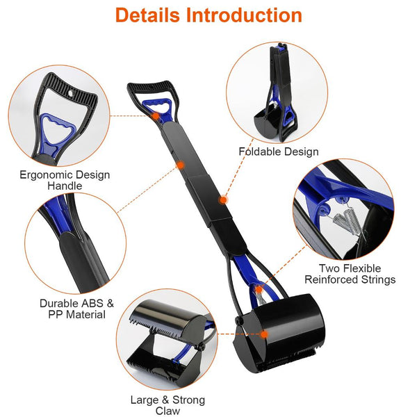Pet Pooper Scooper Foldable Long Handle Dog Poop Waste Pick Up Rake Grabber Arm