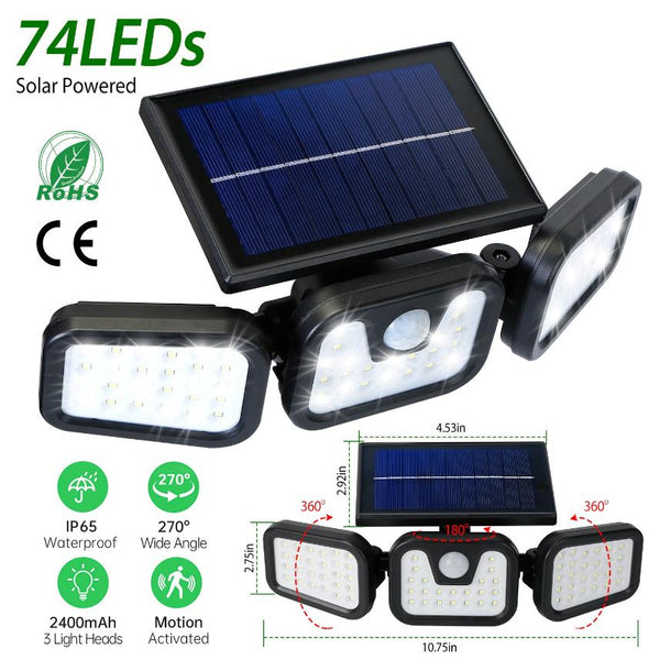 Solar Wall Lamp 74 LEDs 3 Adjustable Head Motion Sensor Flood Lights