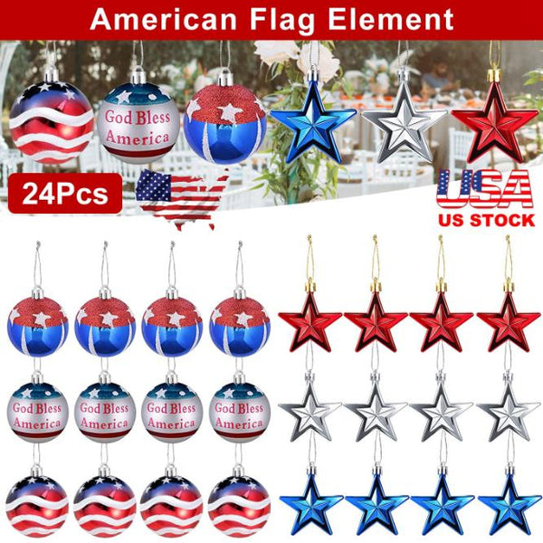 24Pc Set USA Hanging Ball Ornaments Star Patriotic Party Decor Independence Day 4th of July Red White Blue