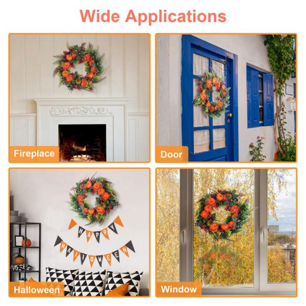 Fall Decoration Autumn Wreath with Pumpkin Mixed Leaves Berries Flowers Halloween Thanksgiving