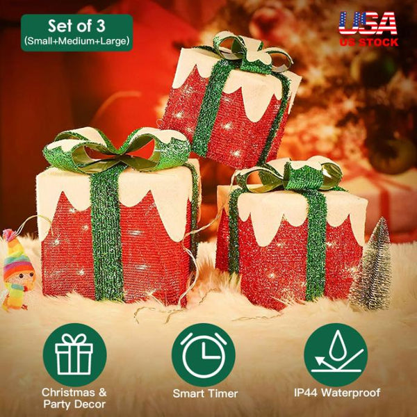 Set of 3 Lighted Gift Boxes Christmas Tree Decorations
