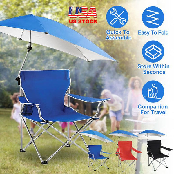 Foldable Beach Chair with Detachable Umbrella Armrest Adjustable Canopy Stool with Cup Holder Carry Bag for Camping Poolside Travel Picnic Lawn Chair