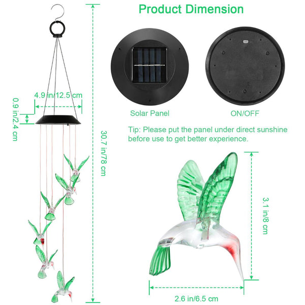 LED Solar Hummingbird Wind Chime Solar String Lights Color-Changing Decorative Lighting