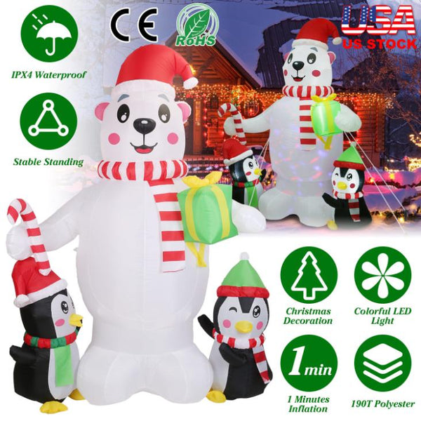 5.9FT Christmas Inflatable Outdoor Decoration Polar Bear Penguin Yard Blow Up Built-in Air Blower